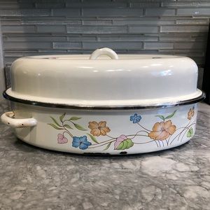 Vintage Enamel Roasting Pan Roaster GUC 6x13